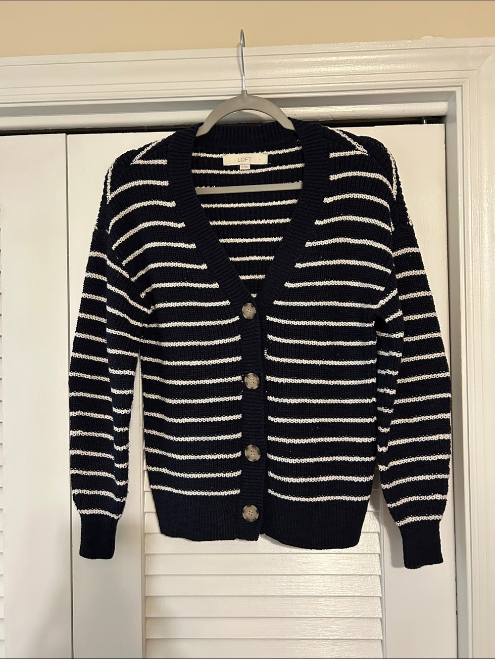 LOFT Navy & White Striped Button-Front V-Neck Cardigan